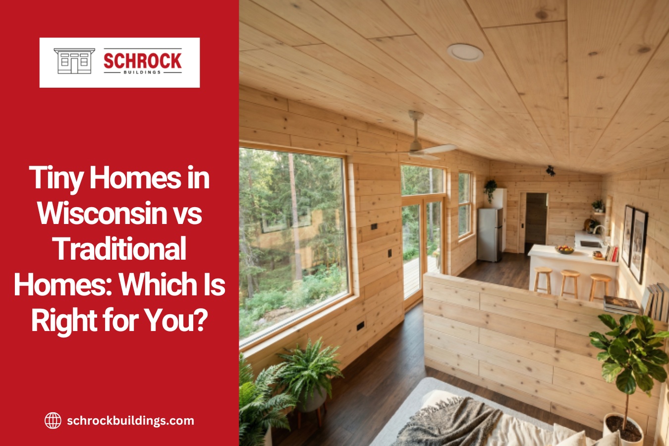 Modern tiny home in Wisconsin beside a traditional house, comparing compact living with conventional homeownership.