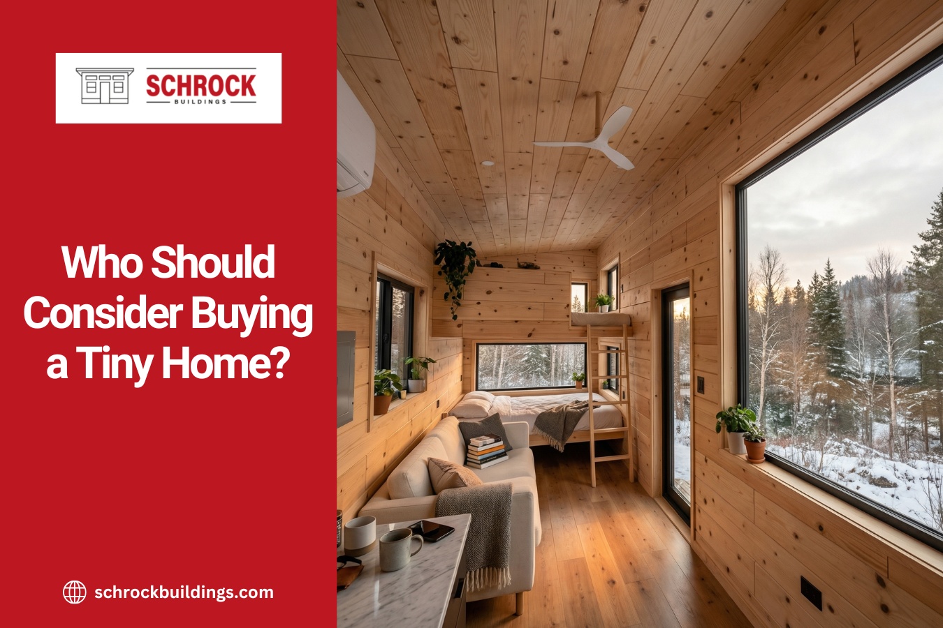 Modern tiny home by Schrock Buildings showcasing a comfortable and efficient living space for homeowners looking to downsize or enjoy a simpler lifestyle.